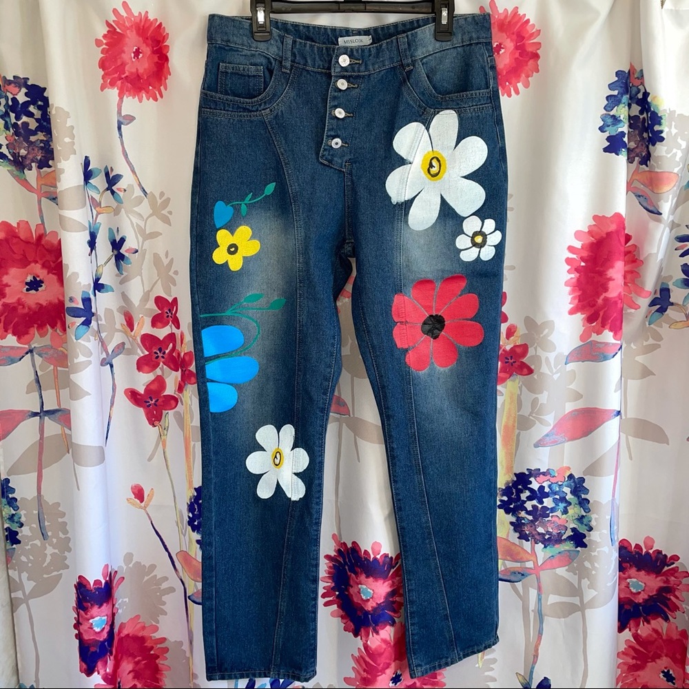 MISSLOOK custom floral painted high waisted jeans